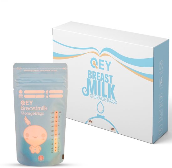 QEY® 120 Stuks Moedermelk Bewaarzakjes – Lekvrij, BPA-vrij & Steriel – Stevig & Plat Ontwerp – Handig Schrijfvlak – Bewaarzakjes voor Borstvoeding – Geschikt voor Vriezer & Koelkast - Blauw