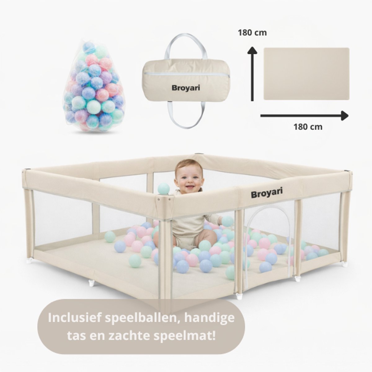 Broyari® Grondbox Baby 180x180 cm – Extra Grote Speelruimte – Binnen 2 Seconden Inklapbaar – Inclusief Speelmat & 50 Speelballen – Opvouwbare Speelbox – Grondbox XL - Beige – foto 3
