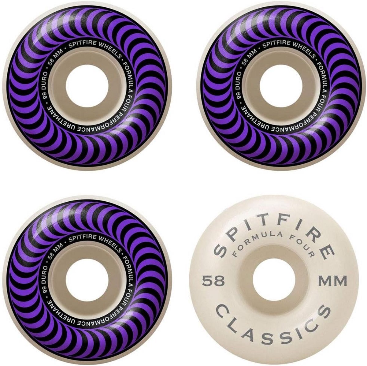 Set van 4 Skateboard Wielen 58mm 99a - Wit/Paars Classic Design