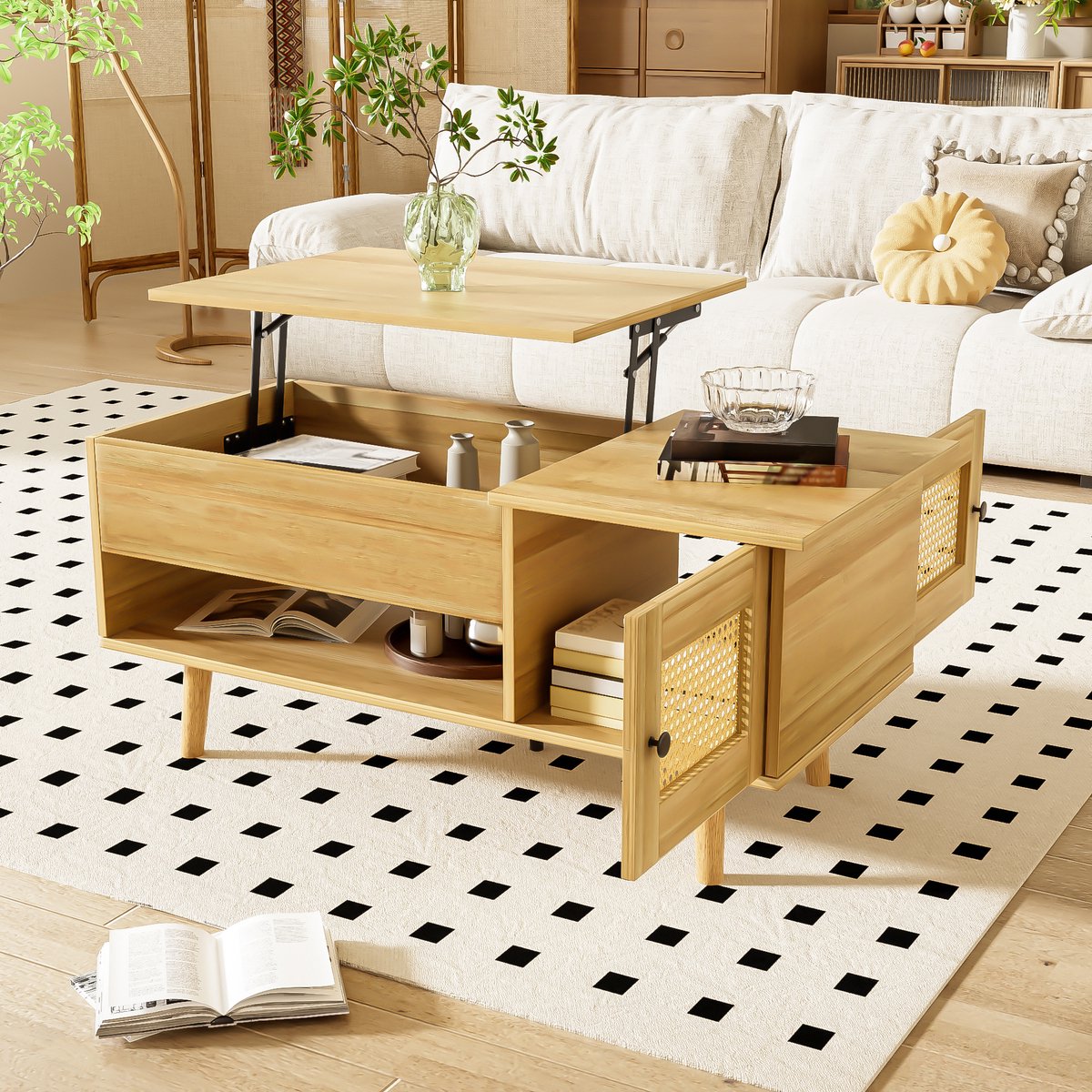 HAUSS SPOLE Salontafel - Hefbaar Tafelblad Met Opbergruimte En Rattan-Deuren - Functioneel Voor Woonkamer En Kantoor - Spanplaat - 103x50x46/60 cm - Hout/Zwart Houtkleur