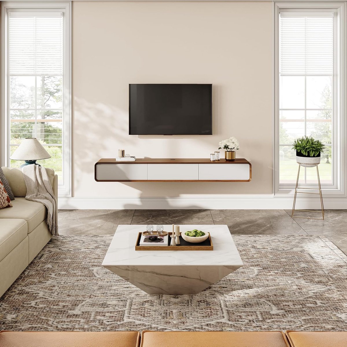 Zwevend TV-meubel 200 cm Modern Wit & Walnoothout | 3 Laden Hangend TV Meubel met Kabelmanagement en Hoogwaardige Opbergruimte – Abkantoor