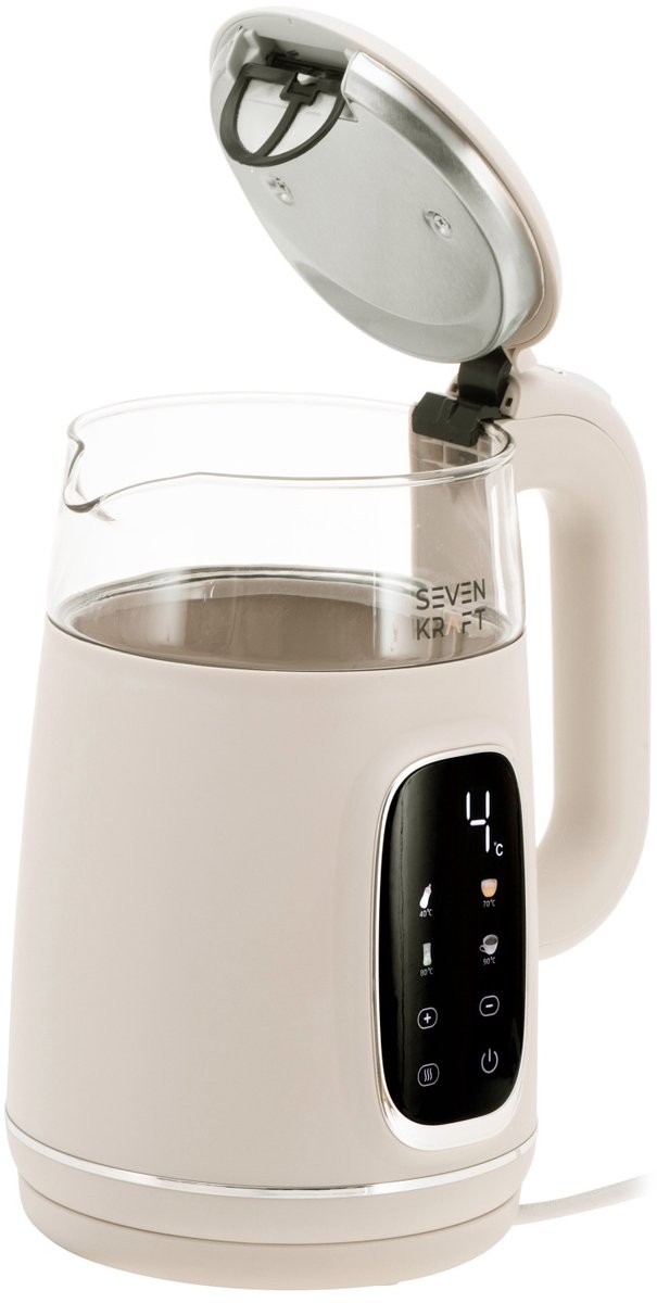 SEVENKRAFT Design Waterkoker 1,7L - Instelbare Temperatuur (40-100°C) - Beige - Waterkoker Retro - Waterkoker met temperatuurregeling- Glas - 2200W — afbeelding 2
