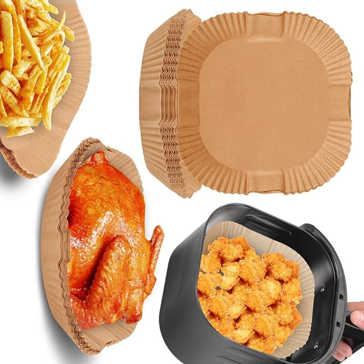Airfryer Bakpapier - 100 Stuks – Vierkant–XXL Geschikt – Wegwerpbakjes - Deze Antiaanbaklaag, Geschikt voor Frituurpannen, Ovens en Magnetrons, Is Olie- en Waterbestendig