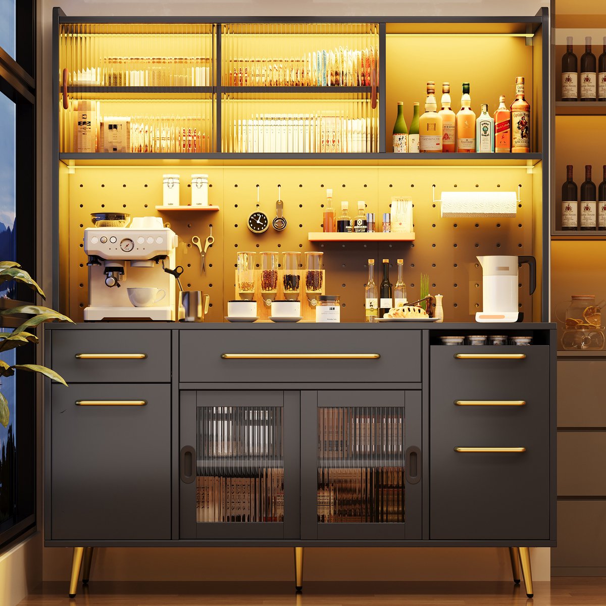 Modern dressoir met LED-verlichting, hoge kast voor keuken en woonkamer, opbergkast met gaatjeswand, lade en glazen planken, Zwart
