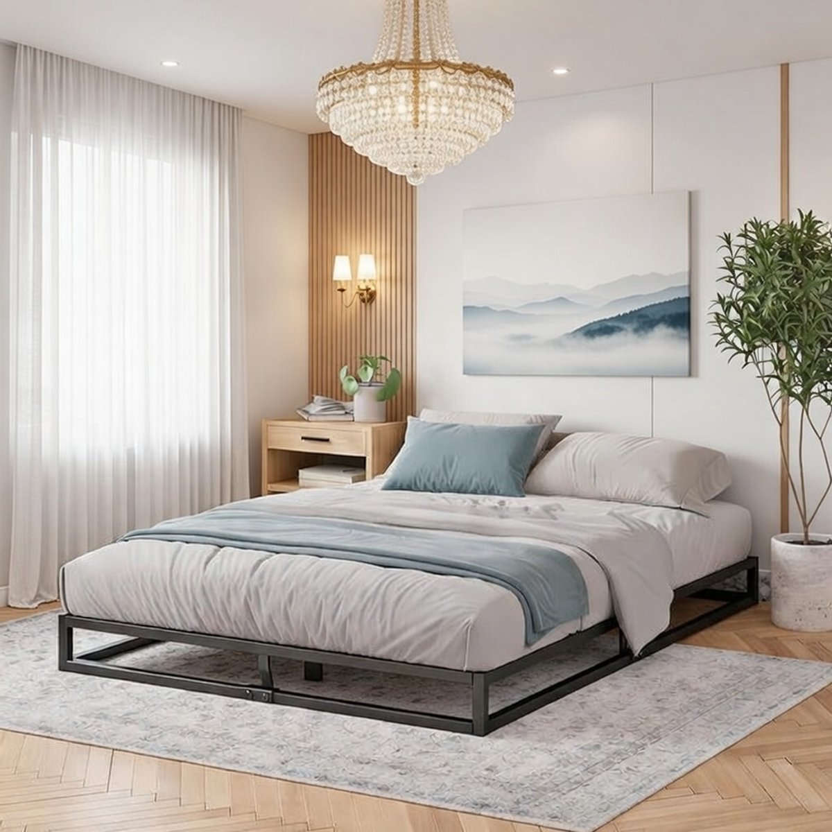 Modern Metalen Bedframe 140x200 cm - Minimalistisch Zwart Bed met Lattenbodem van Hout - Laag 15 cm Constructie - Stevig en Duurzaam - Eenvoudige Montage - Piepbestendig Casa Serena