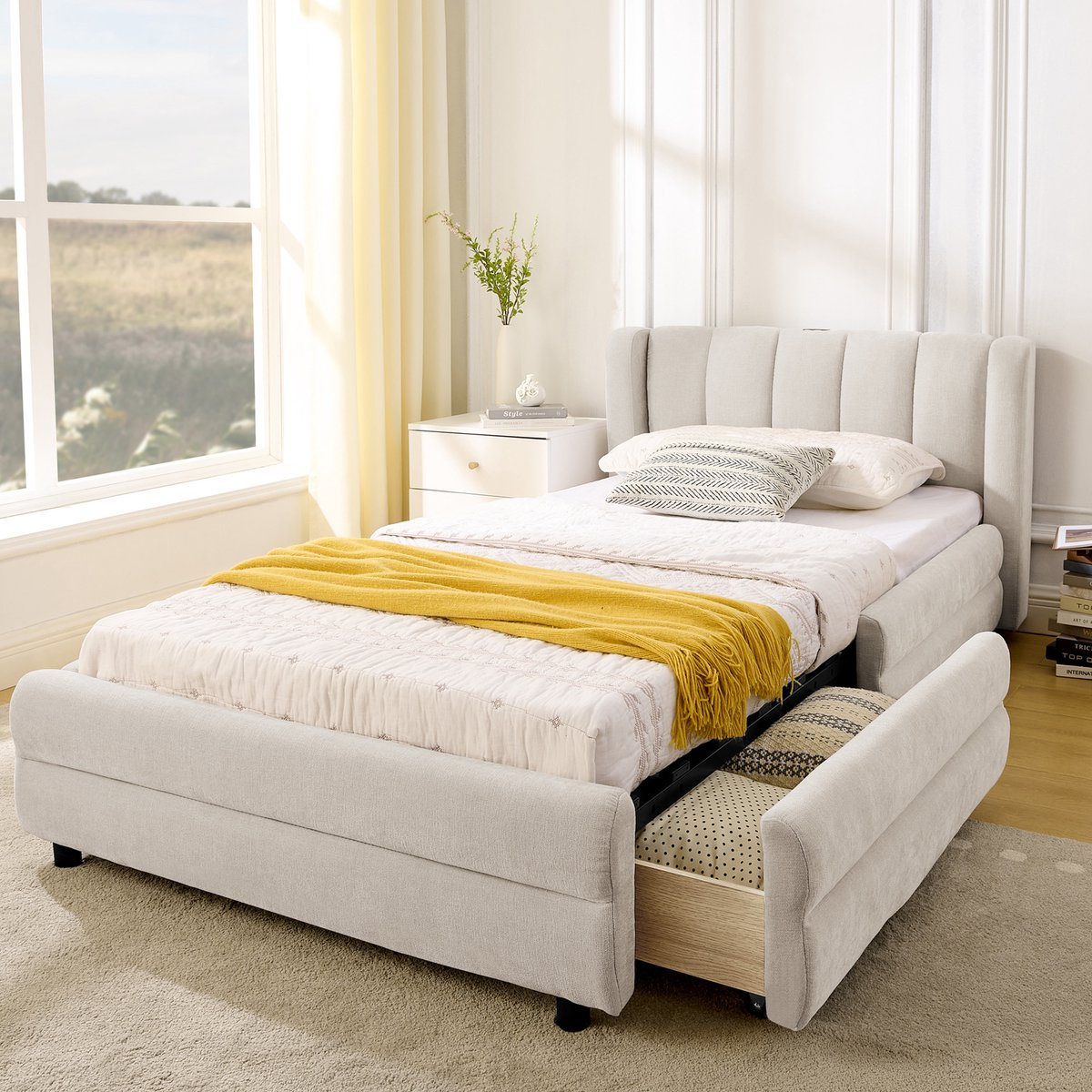 REDOM Eenpersoonsbed 90x200 cm – Chenille Beige – 2 Ruime Lades (Links/Rechts Plaatsbaar) – USB & Type-C in Hoofdbord – Ergonomisch Segmentvormig Hoofdbord – Zachte Chenille Bekleding