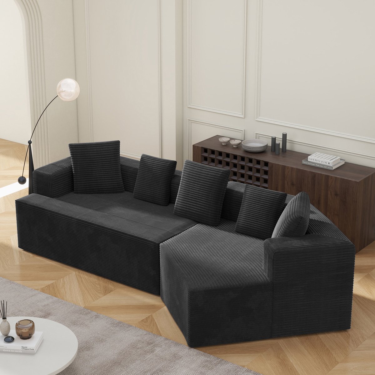 Volledig Gecomprimeerde, 3-Zits Bank, Frameloze Bank, 312 cm Breed, Comfortabele stof met Wolkdesign, Modulaire Bank, Volledig Gecomprimeerde Verpakking, geen Montage Nodig, Zwart