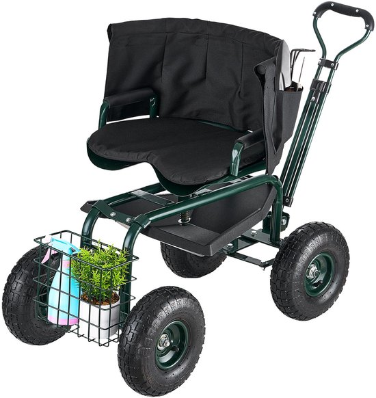 Rolbare tuinstoel met wielen, verstelbare hoogte en 360° draaibare zitting, draagvermogen 180 kg, tuinkar met rugleuning en opbergruimte voor gereedschap, ideaal voor werkzaamheden in de tuin, op het erf en op het terras — afbeelding 5