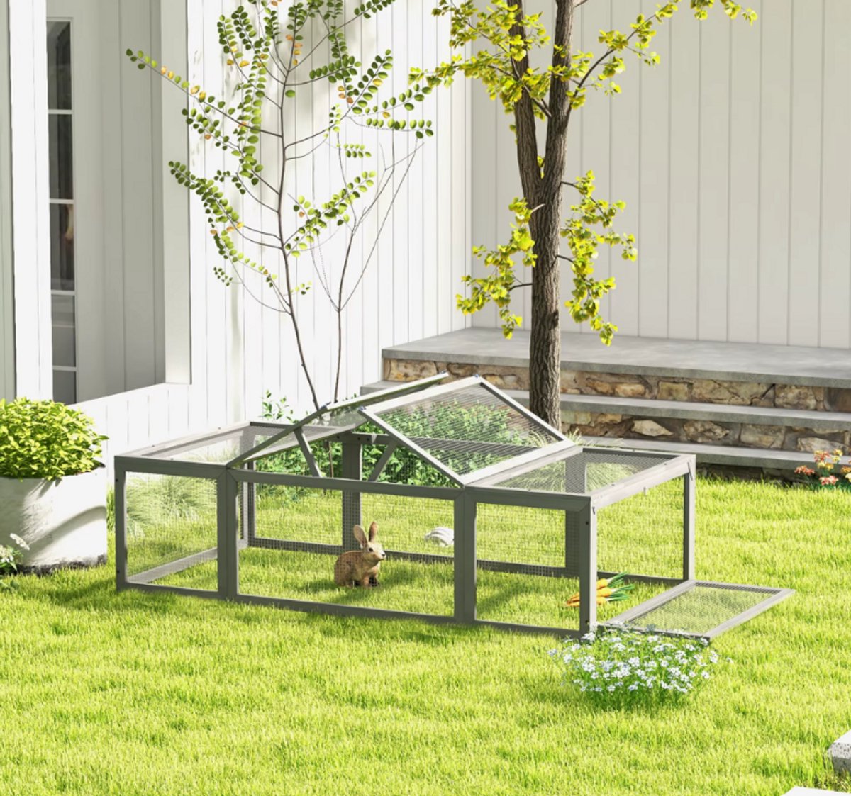 Buiten Konijnenhok 180 cm – Winterproof Houten Ren met Open Dak en Zijpaneel – Weerbestendig Dennenhout & Draadgaas!