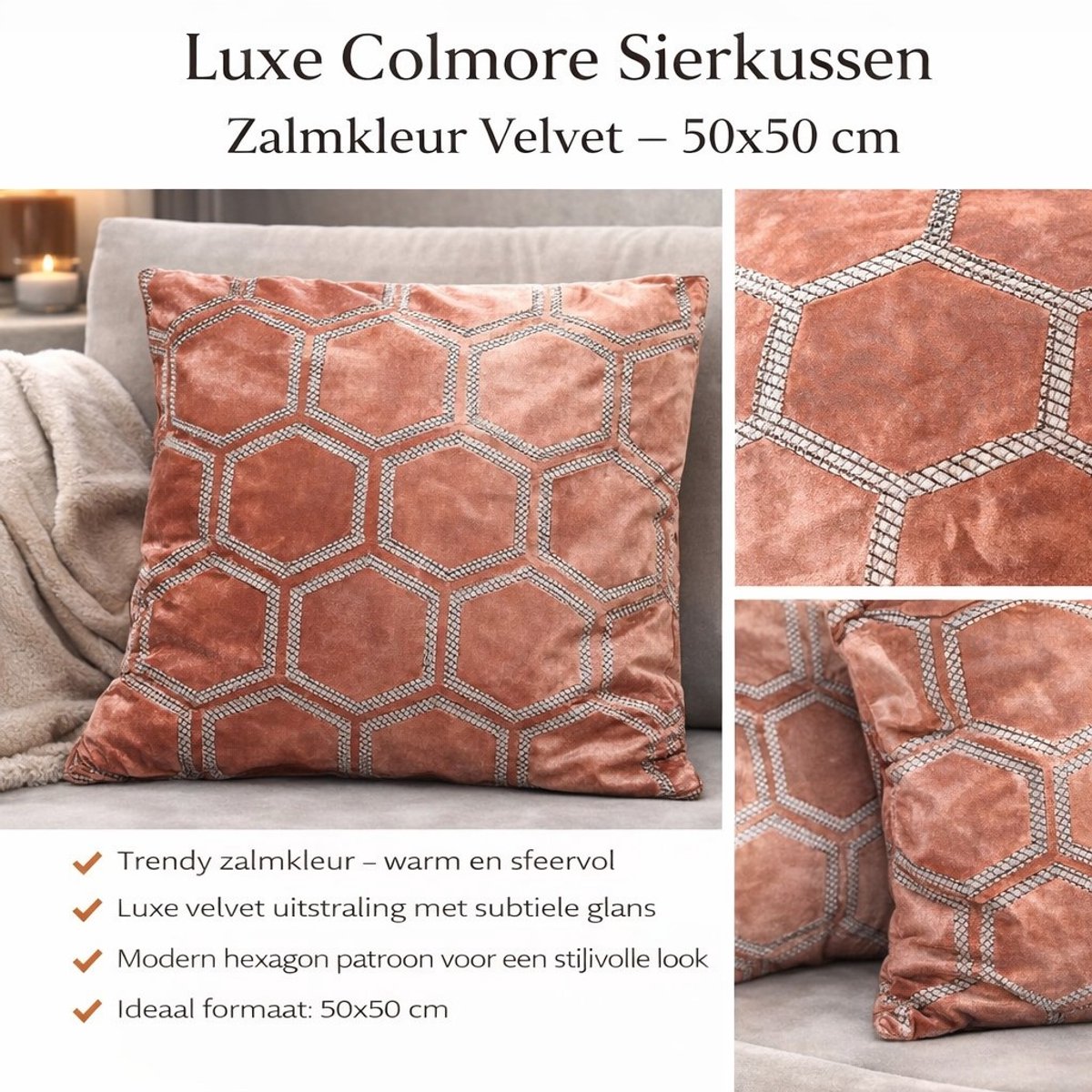 Luxe Colmore Sierkussen – Zalmkleur Velvet – 50x50 cm