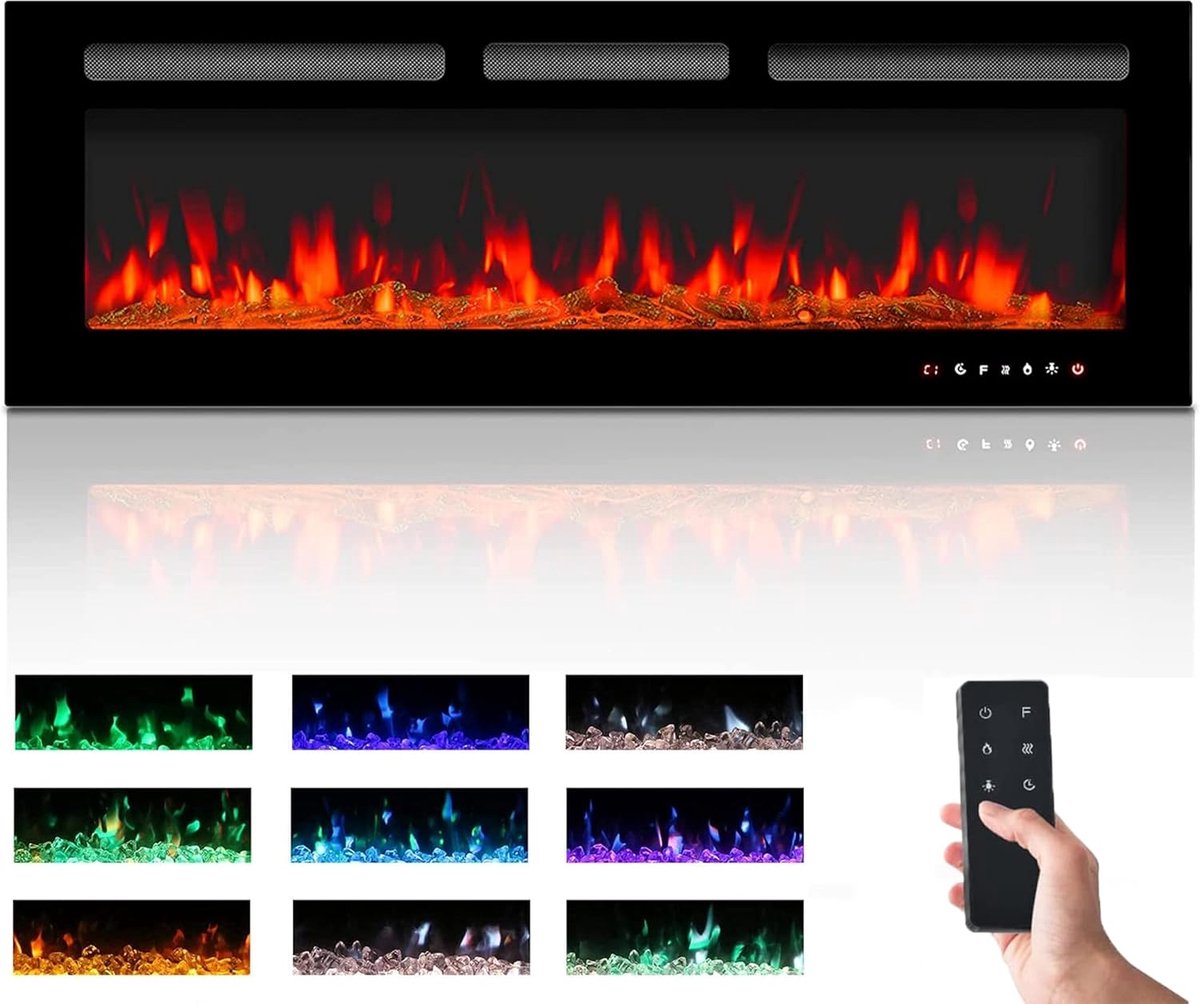 Elektrische Sfeerhaard - Wandhaard - 127 cm - Inbouwhaard - Kleurrijk LED Vlammeneffect - 1800W Verwarming - Touchscreen Glaspaneel - Afstandsbediening - Inclusief Kristallen & Houtset - Sfeerkachel - Wandmontage - 127x43 cm - Zwart