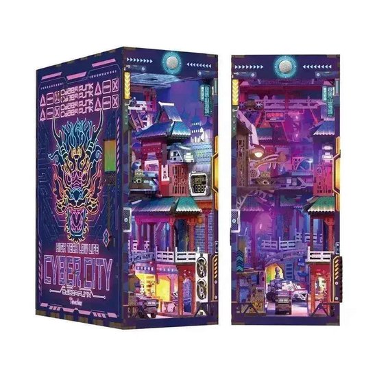 Tonecheer Cyber City boekensteun met neonverlichting, gebouwen, drakenkop en 'Cyber City'-opschrift.