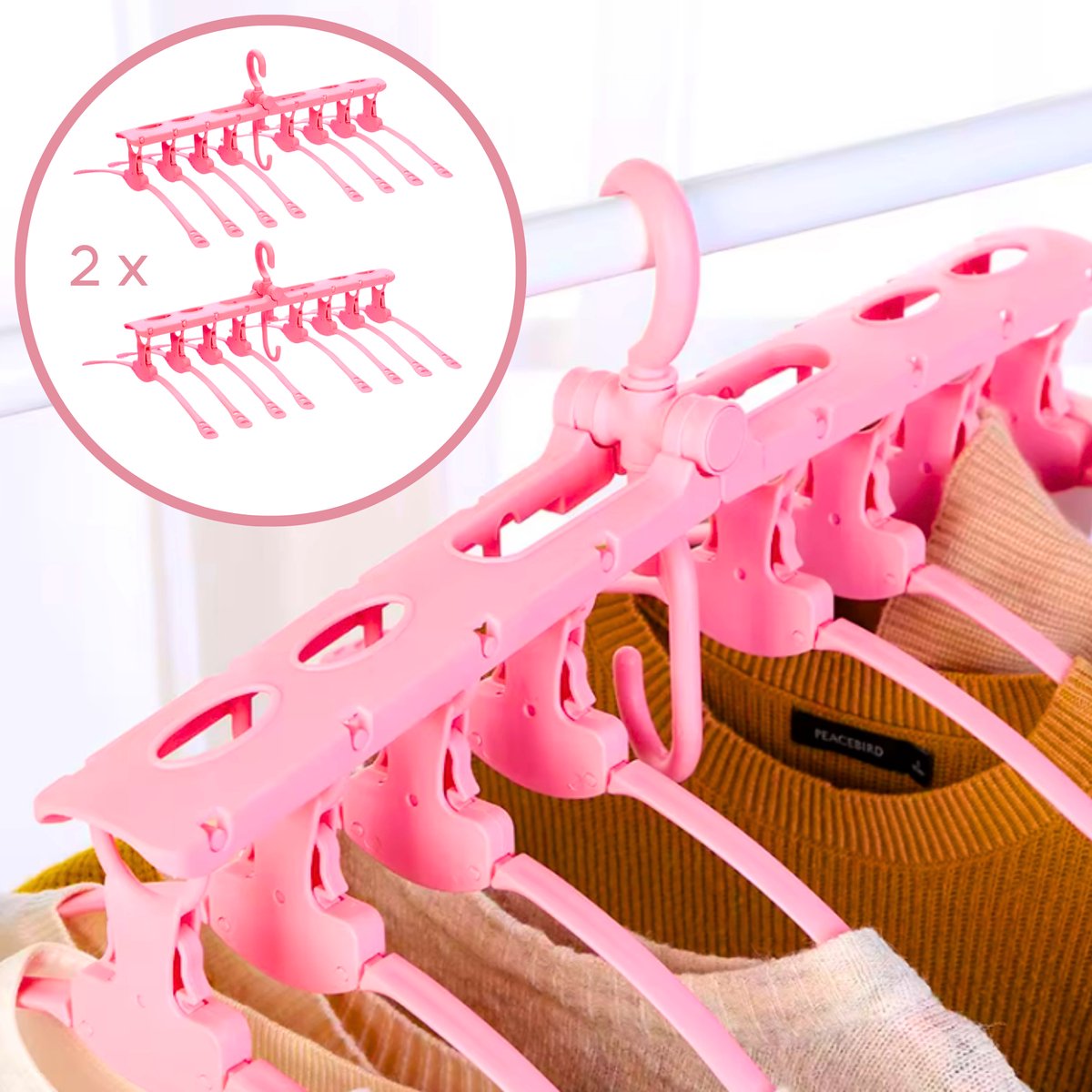 Janse® Multi kledinghanger set van 2 - 8 in 1 kleerhanger - Roze - Kast organizer - Kleerhanger XL - Ruimtebesparende hangers - 360° Draaibare hanger - Inklapbaar - Kleding hanger - Kledingrek