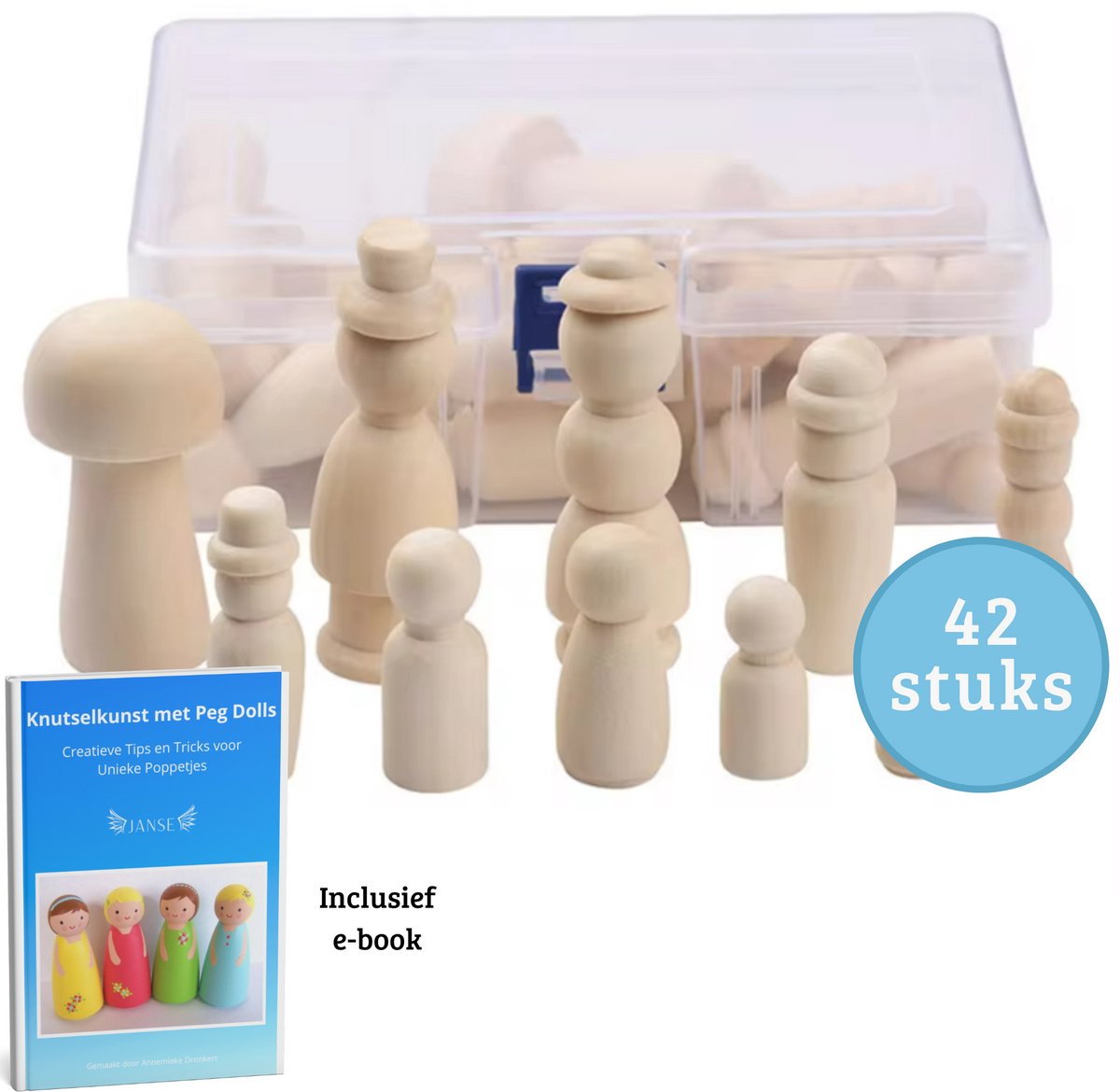 Janse® Houten poppetjes met hoedjes en paddenstoel - Inclusief e-book Knutselkunst met Peg dolls - 42 stuks set - Peg dolls - Houten opstellingsfiguren -Familie poppetjes met opa en oma - Poppenhuis poppetjes - Pionnen - Kegel - Creatief - Mensen