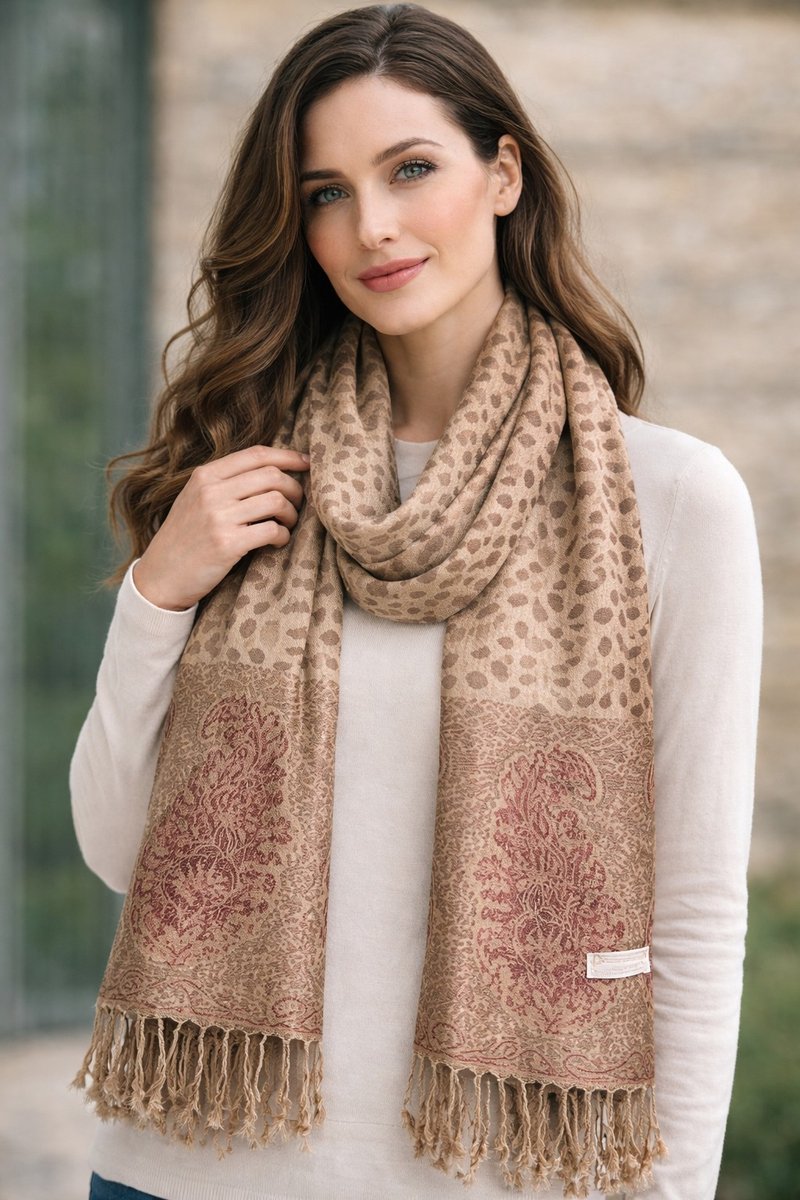 Pashmina Sjaal Dames – Luxe Zachte Herfst Wintersjaal met Panter & Paisley Patroon – Fijn geweven Warme Sjaal 214/2- Camel