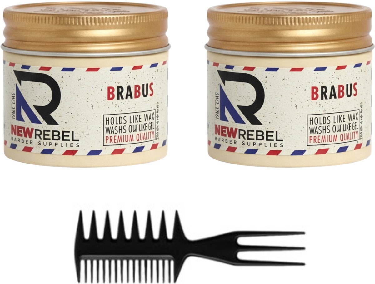 New Rebel Brabus Hair Wax – Sterke Hold – Gel Wax – Makkelijk Uitwasbaar – 2 x 125 ml + Stylingkam – Professionele Haarstyling