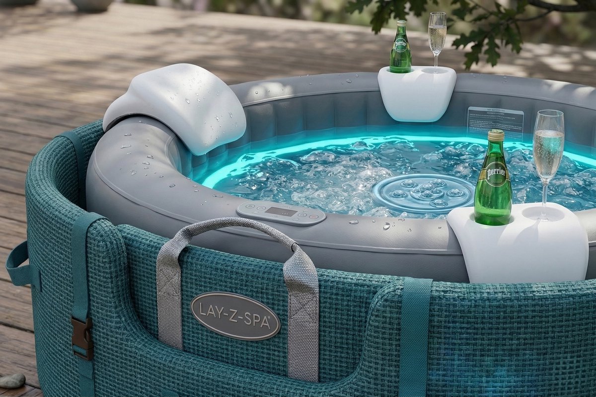 Luxe Opblaasbare Jacuzzi Spa 6 Personen Ø204 cm met LED Verlichting, 138 Massage Jets, Verwarming tot 40°C, Energiezuinige Timer & Bubbelmassage – Binnen & Buiten – Industrohome