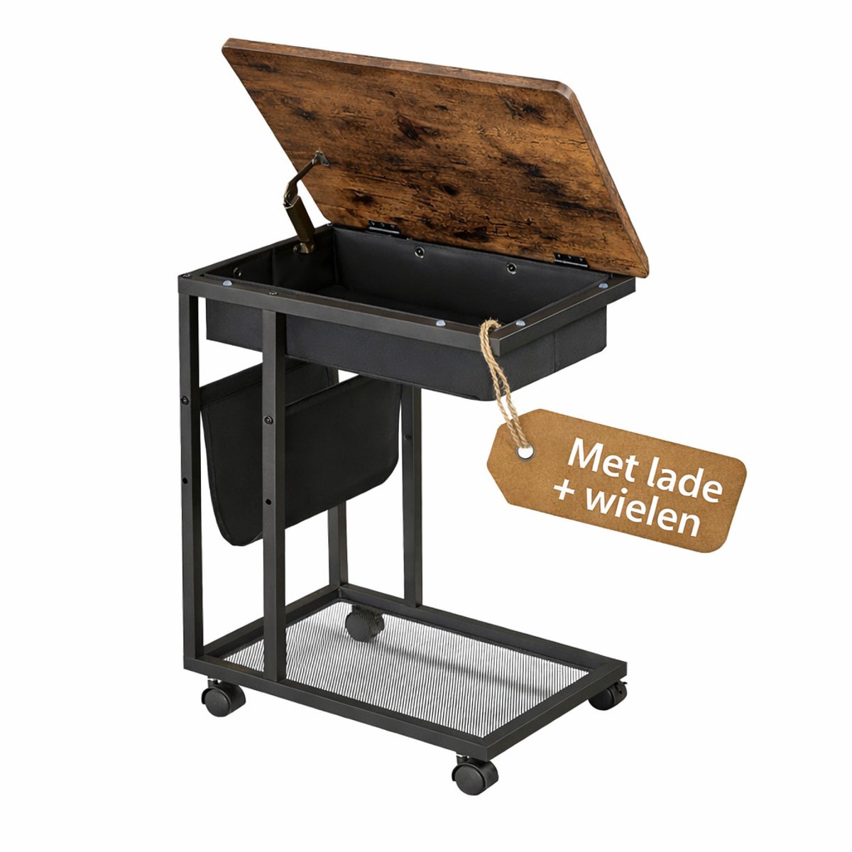 Signature Home Bijzettafel met Lade en Wielen – Laptoptafel voor Bank – Nachtkastje Industrieel – Verrijdbare Tafel – Bruin/Zwart – 50x35x60 cm