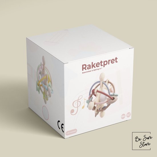 Doos van de Raketpret rammelaar & bijtring in 1, met afbeelding van het speelgoed.