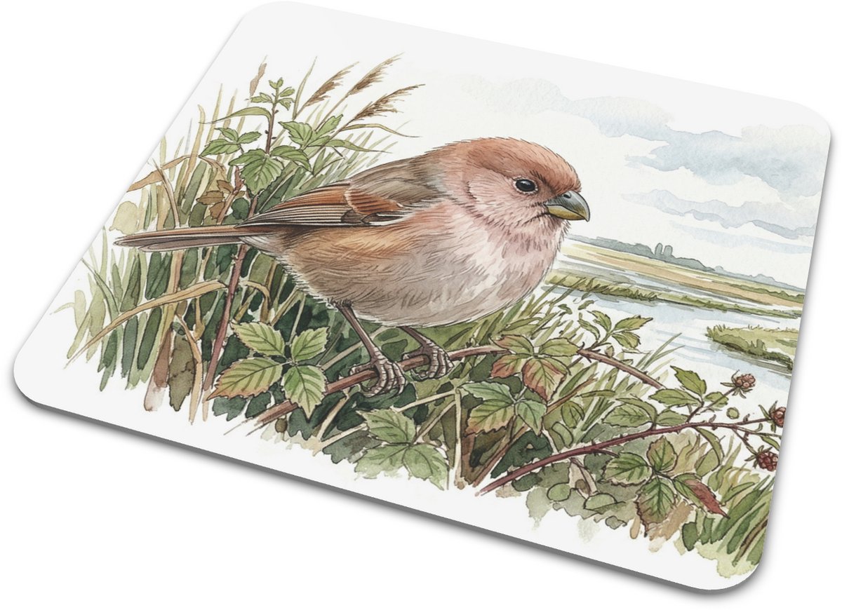 Muismat Bruinkopdiksnavelmees Vogel bij Rivierlandschap - Aquarel Series - Vrolijk Vogeltje in het Riet Bureau Accessoire voor de Thuiswerkplek en Kantoor Cadeau voor hem & haar: Vrouw, Vriend(in) & Collega