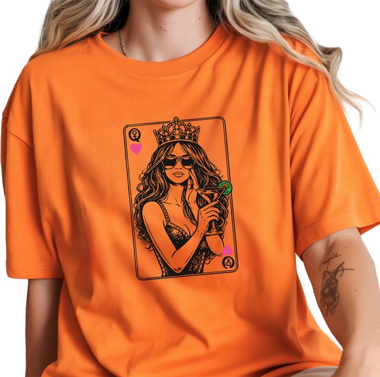 Queen of hearts Cards T-shirt Unisex - Volwassenen - Oranje - Koning - Kingsday - Koningsdag - korte mouw - Oranje - Maat S