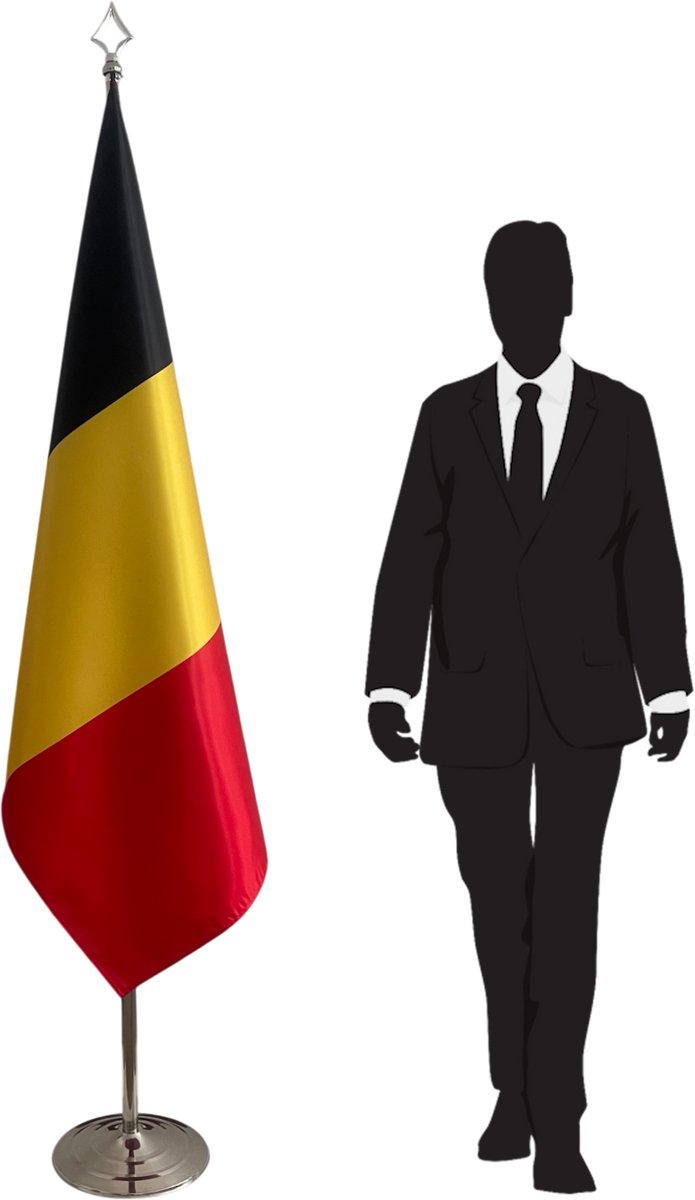 Belgische vlag met standaard en mast RVS – telescopische mast tot 2,5 m – 100x150 cm dubbelzijdig bedrukt – met speerpunt (lance) – kantoor vlag voor binnengebruik