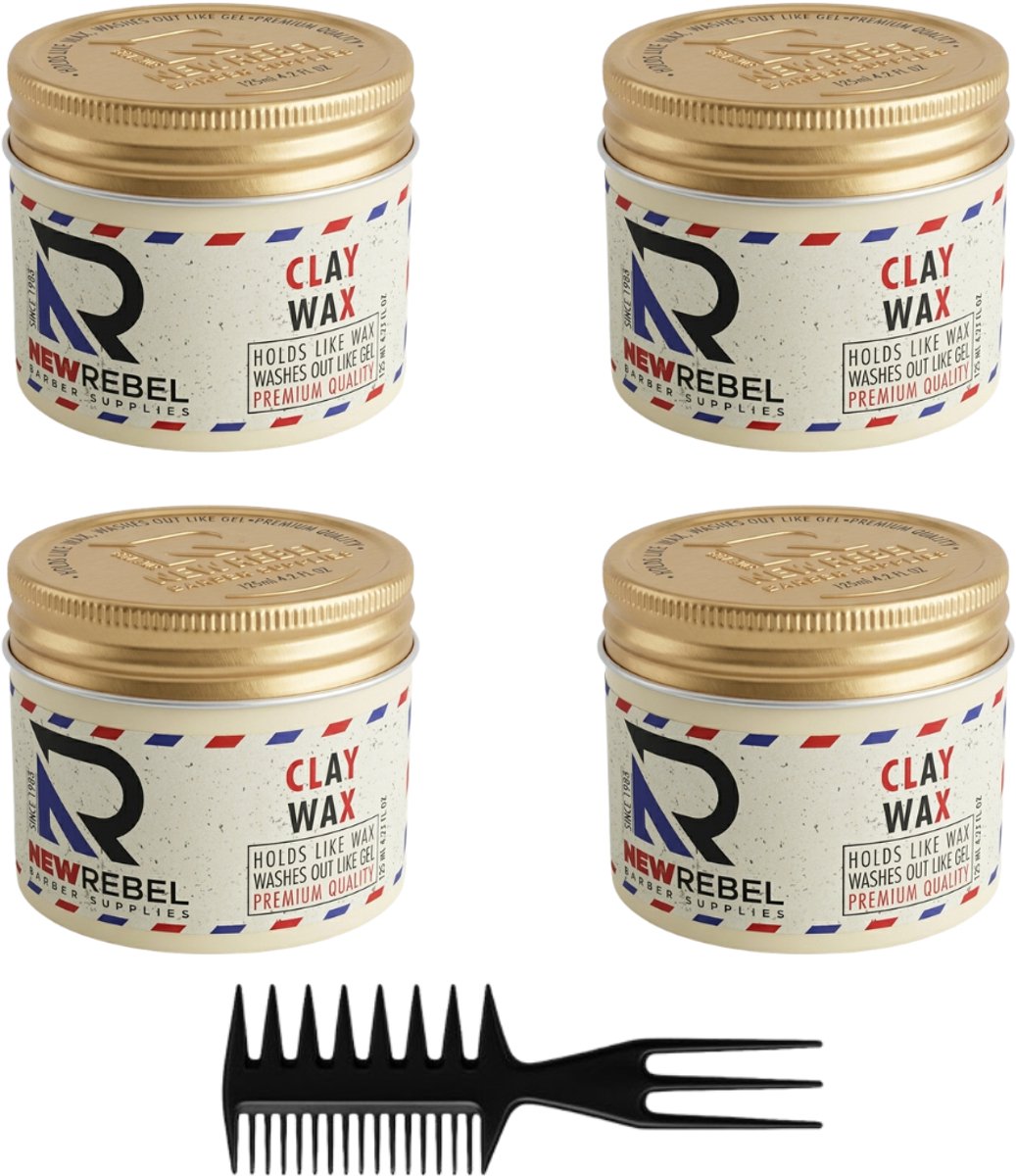 New Rebel Clay Wax – Matte Haarwax – Sterke Hold – Natuurlijke Look – 4 x 125 ml + Stylingkam – Haarwax Mannen