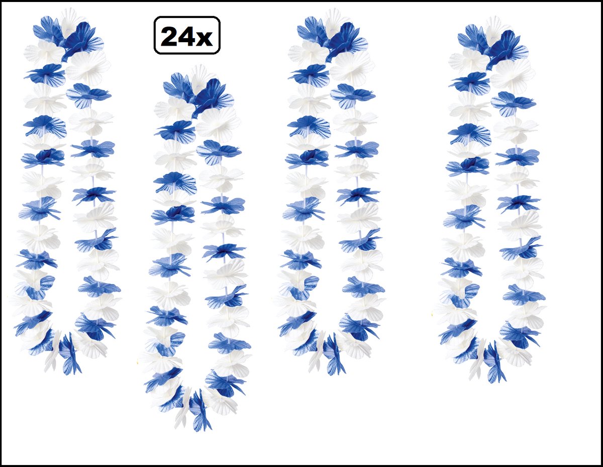 24x Hawaikrans blauw/wit - bloemenkrans - Tropical party WK Voetbal thema feest hawaii slinger