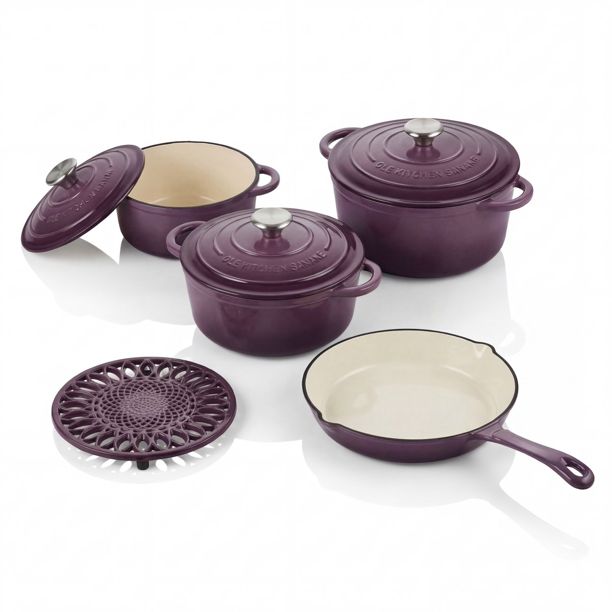 Geëmailleerde gietijzeren pannenset paars 8-delig, C&E Kitchenware