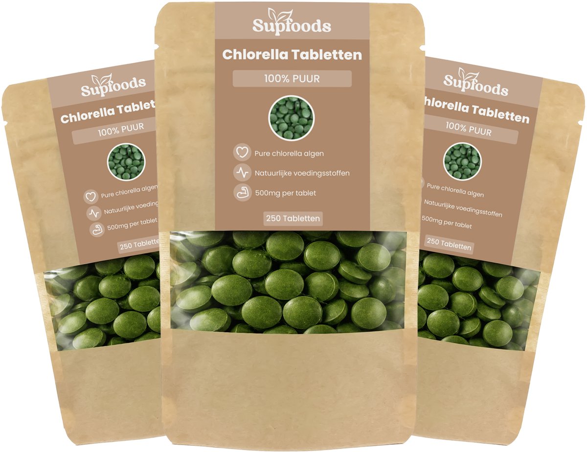 Chlorella Tabletten 100% Puur - 1000 Tabletten - Chlorella is een Bron van Eiwitten, Vitamine B12, Ijzer en Chlorofyl - 500mg Poeder per Tablet