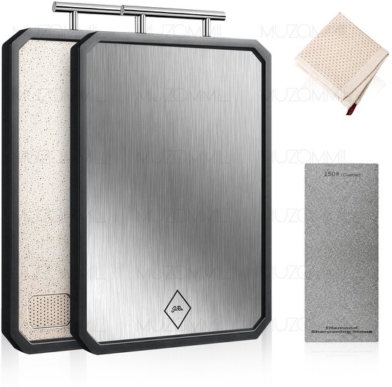 Planche à découper JeRie Titanium - Ensemble de planches à découper double face avec rainure pour jus et fonction râpe - Paille de blé - Tapis de découpe