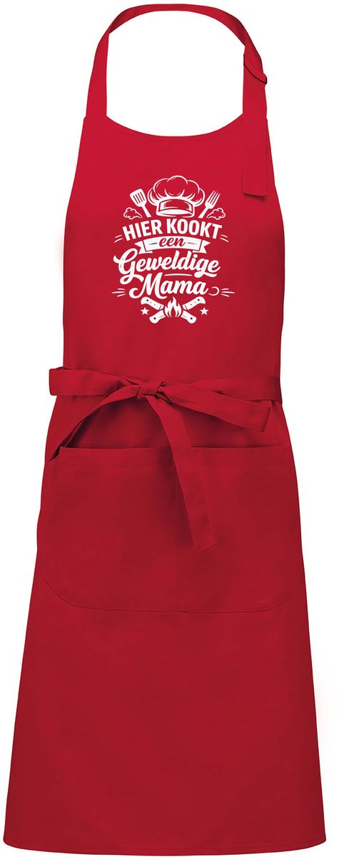 mijncadeautje - luxe schort - hier kookt een geweldige mama - rood - opdruk wit