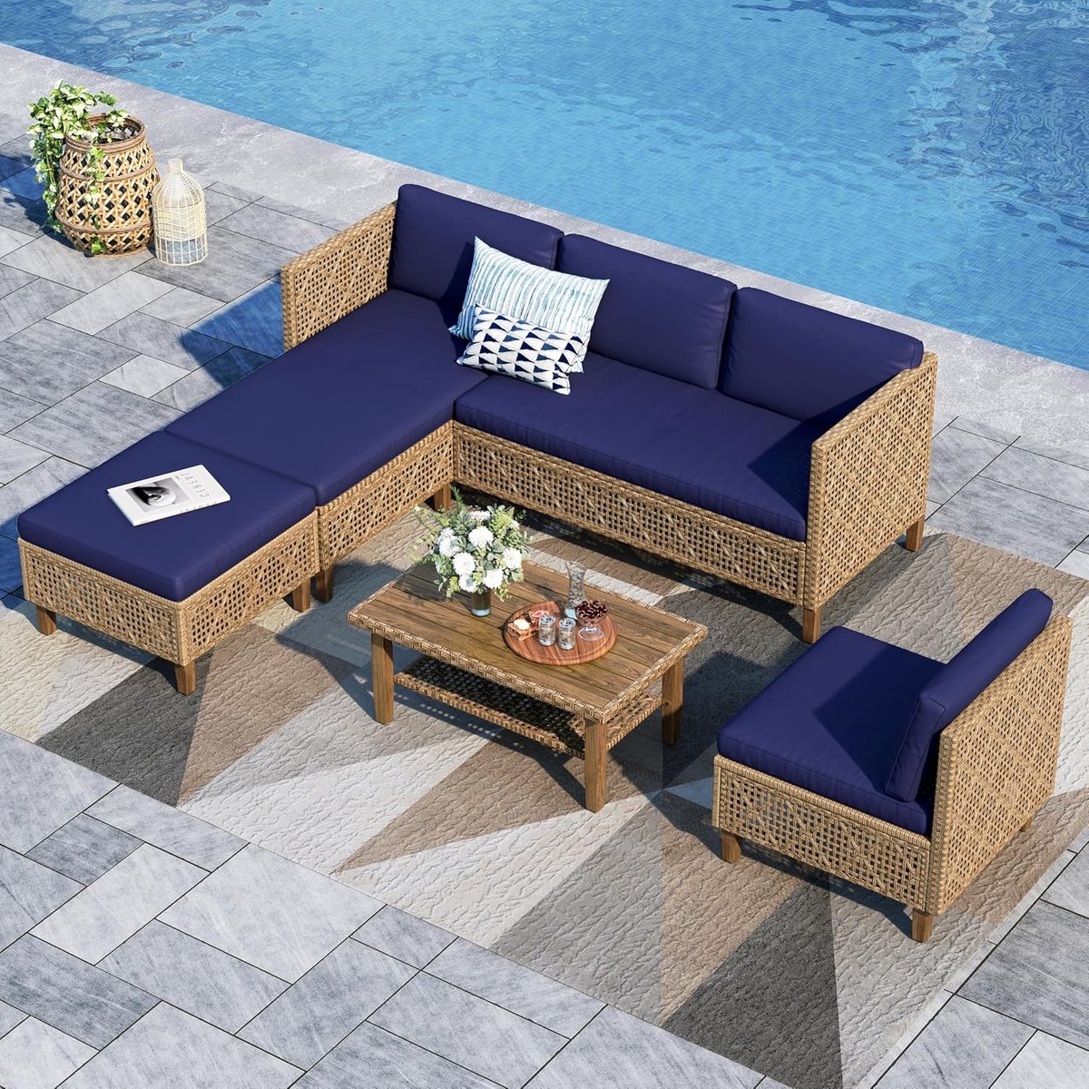 Rattan Loungeset Boho 3-delig 188 x 116 x 62,5 cm Chaise Longue, 2-Zitsbank en Salontafel Beige Acaciahout darkblue- NoviHome