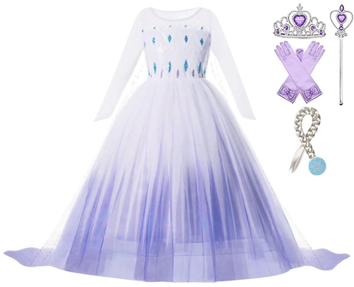Het Betere Merk prinsessenjurk meisje - Elsa jurk - verkleedjurken meisjes - maat 146/152- verkleedkleren kind - prinsessen verkleedkleding - Paarse haarband - Lila handschoenen