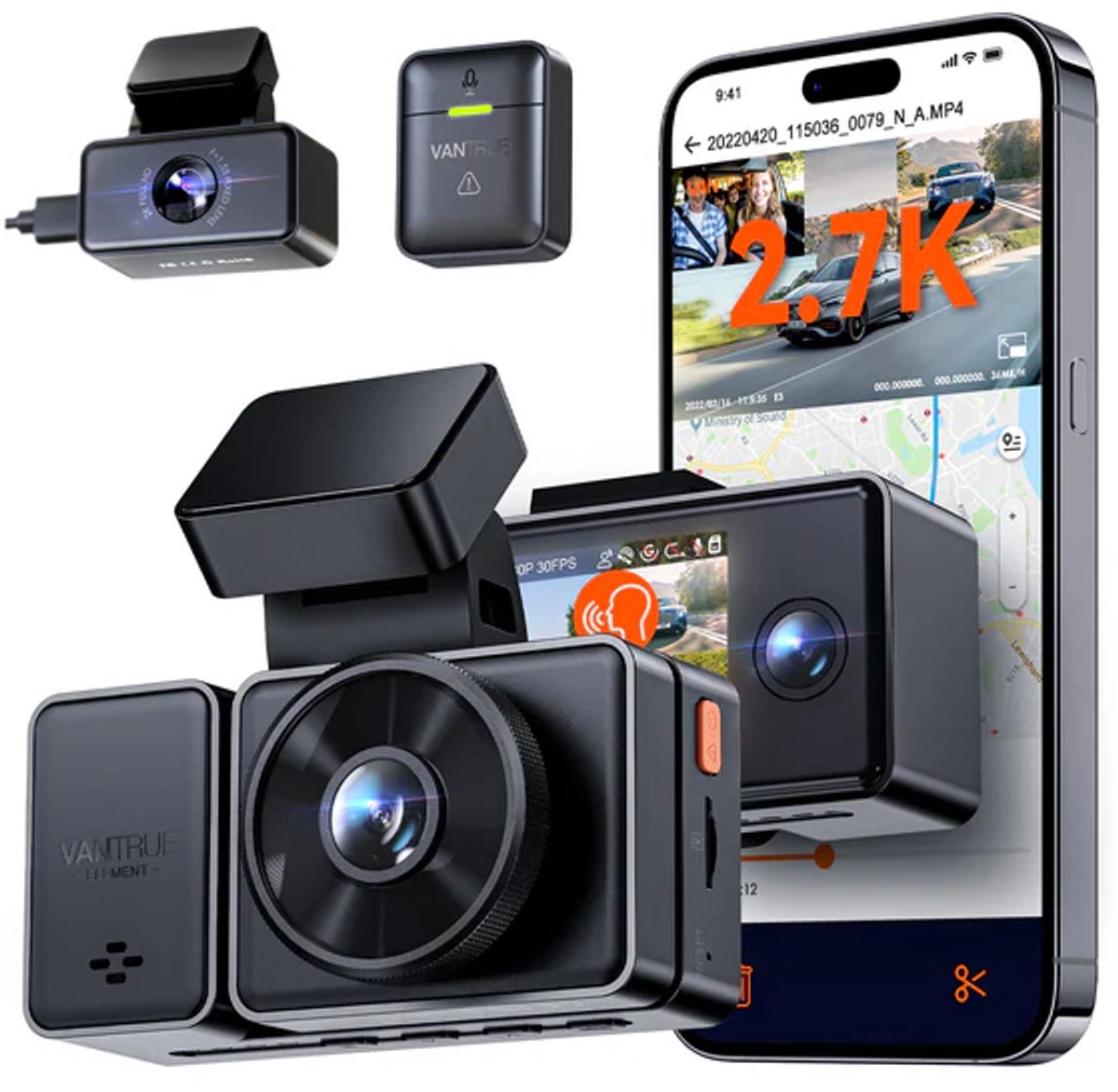 VANTRUE E3 3-kanaals 2.7K WiFi-dashcam – met GPS, spraakbesturing, STARVIS-sensor, infrarood nachtzicht, 24-uurs gebufferde parkeermodus, 3-weg opname (1944P + 1080P + 1080P) voor en achter, ondersteunt max. 512GB
