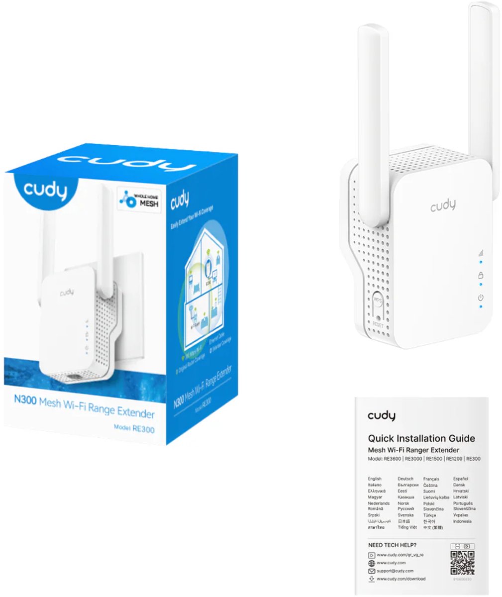 Cudy N300 Wi-Fi Mesh Repeater – 2.4 GHz – 300 Mbps – AP & Mesh Mode – 1× 10/100 Mbps Poort