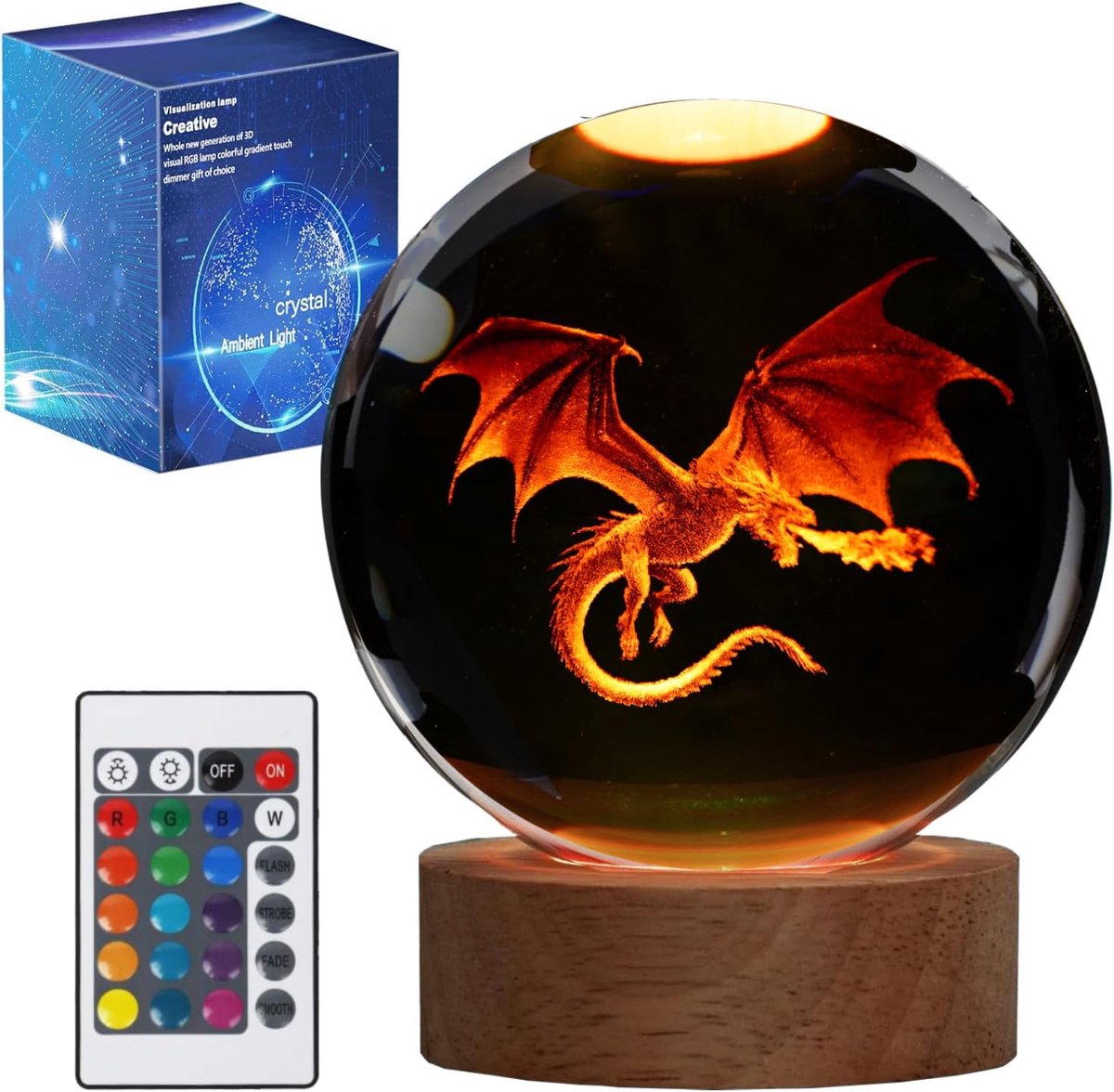 Dragon Night Light Crystal 3D Lamp - Met 16 kleuren - 8 x 10 x 8 cm - Glas en Hout