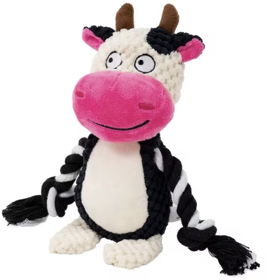 Zachte knuffelkoe met zwart-witte touwpoten, bruine hoorns en roze neus.
