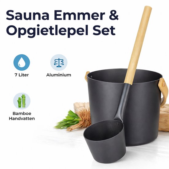 Stijlvolle Sauna Emmer & Opgietlepel Set – 7L – Aluminium & Bamboe – Luxe Sauna Accessoires – Opgietset met Lepel – Zwart