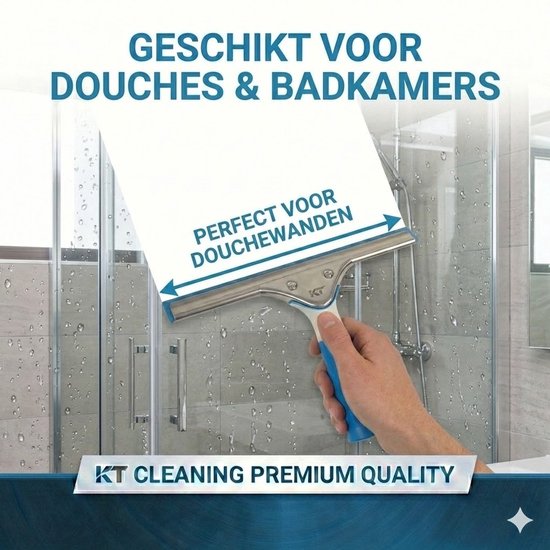 Hand met blauw en wit handvat gebruikt een raamtrekker op een natte douchewand voor een streepvrij effect.