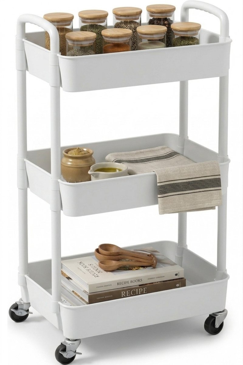 Posity Keukentrolley op wieltjes – Serveerwagen / Opbergtrolley / Keukenrek / Trolley Keuken – Verrijdbaar en Vast – 3 Lagen – Kunststof – Wit