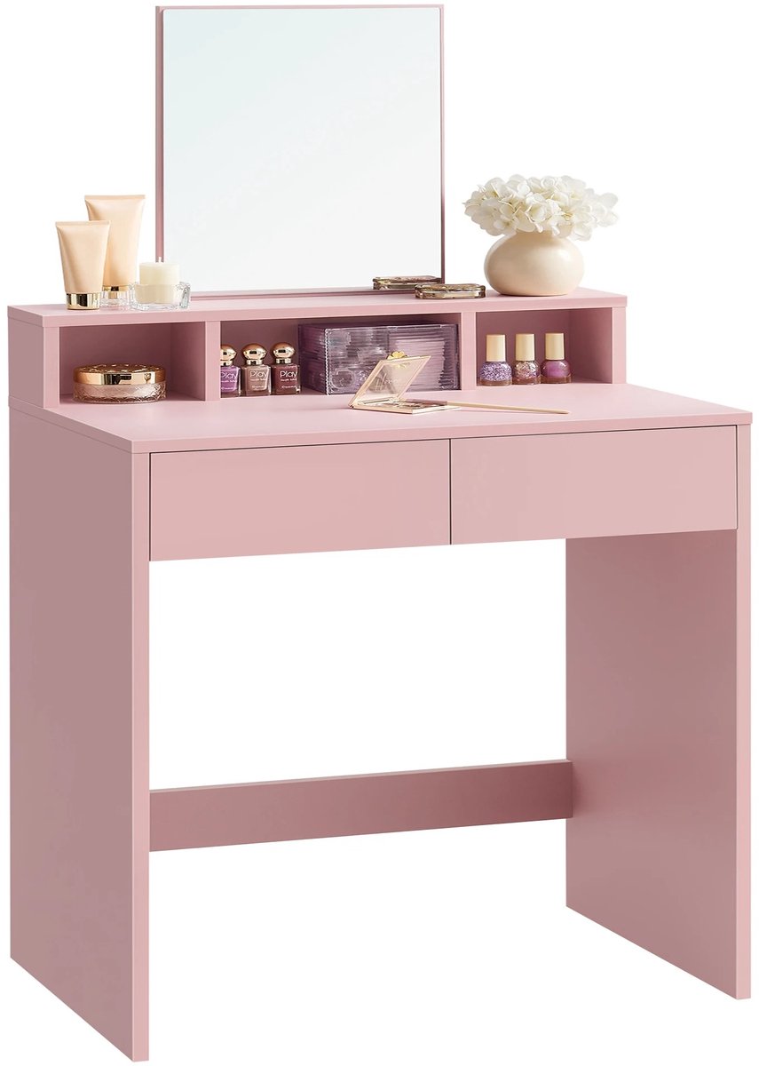Archi Kaptafel – Make up tafel met spiegel - Kaptafel - 2 Lades & 3 Open Vakken – Minimalistisch Design – Pastelroze – 60 × 40 × 127 cm