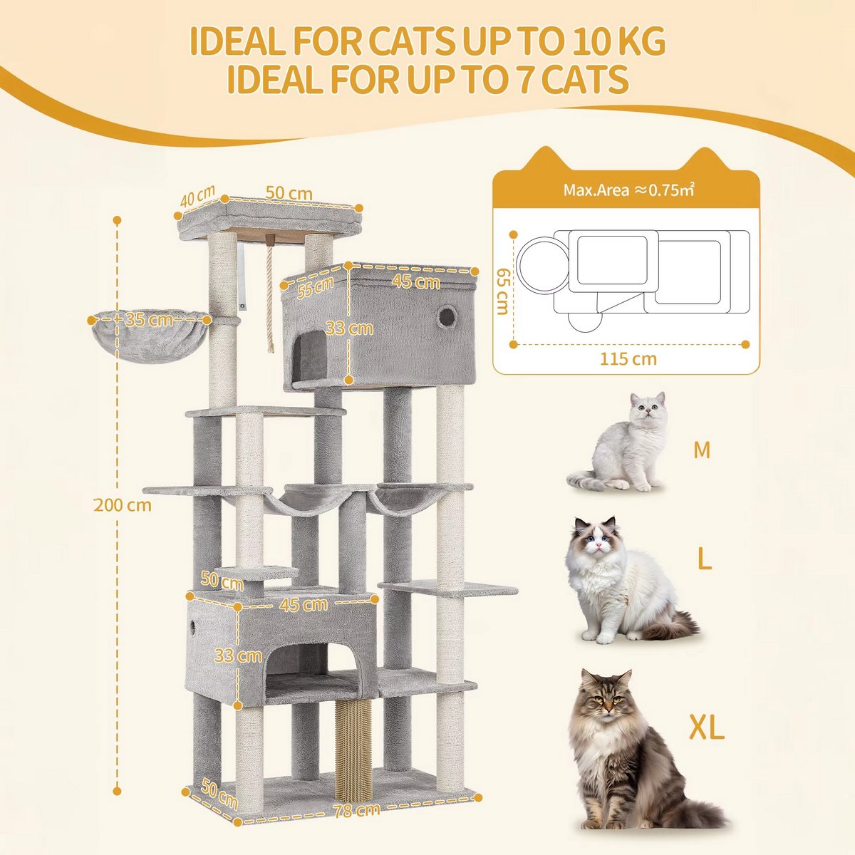 Multi Level Cat Tower - 200 cm - Krabpaal Katten Groot – Met 10 Krabpalen en 2 Hangmatten – Kattentoren met 2 Holletjes, Mand en Platform – Inclusief Kattenborstel – Geschikt voor Grote Katten en Kittens – foto 3