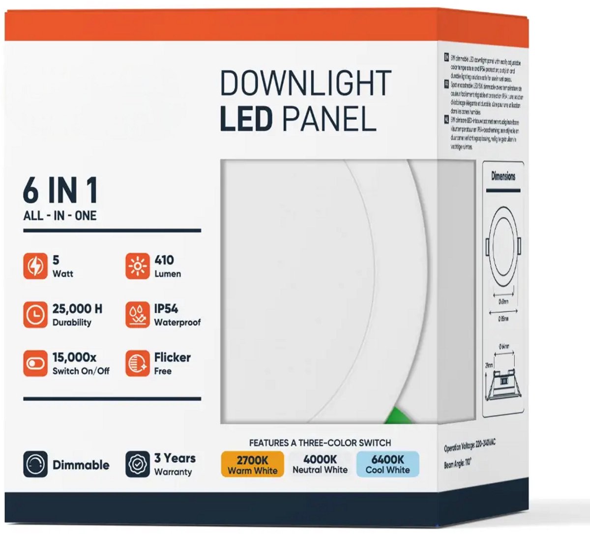 LDS - LED inbouwlamp - 5W - Aanpasbare Kleur CCT - 2700K/4000K/6400K - 410 Lumen - DIMBAAR - Rond - Mat Wit- Buiten Diameter 85 mm - IP54 - Badkamer - Woonkamer - Keuken