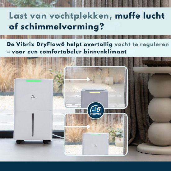 Vibrix DryFlow6 Luchtontvochtiger – 6L per dag – Wasdroogfunctie – Stil & Energiezuinig – Ontvochtiger voor Badkamer, Kelder, Zolder & Slaapkamer – Slimme Dehumidifier