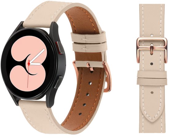 Beige leren smartwatchband met roségouden gesp, aan een zwarte smartwatch.