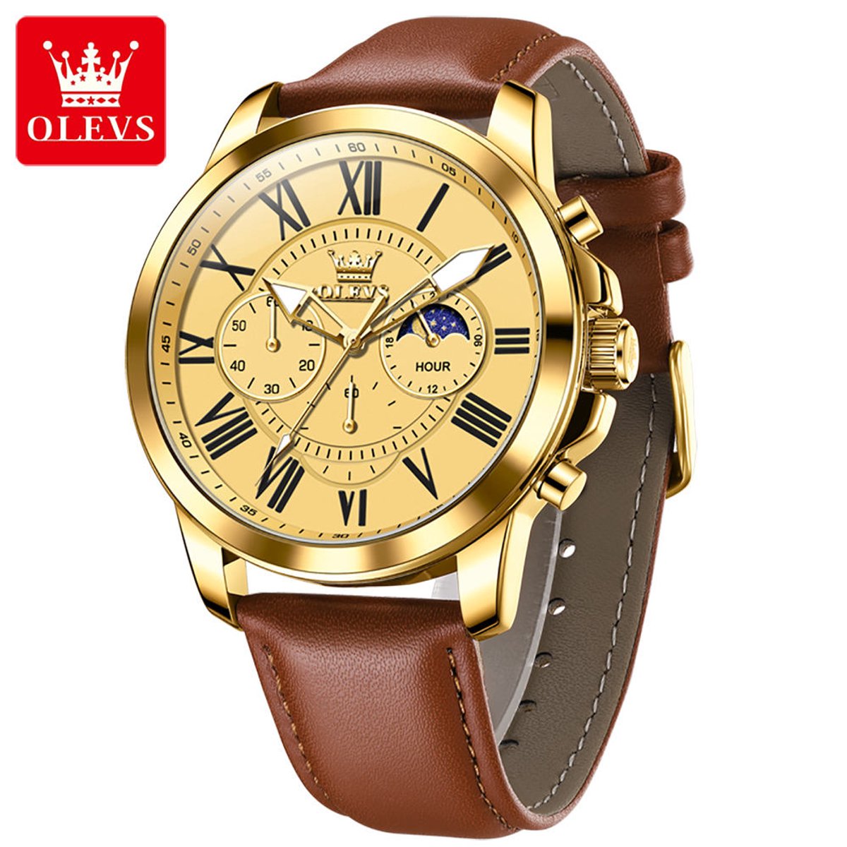 HO-3632.br-g-g : Olevs goudkl edelstaal chronografisch quartz horloge, mat goudkleurig wijzerplaat, cognackl genuine lerenband, uren minuten maanfase -aanduiding