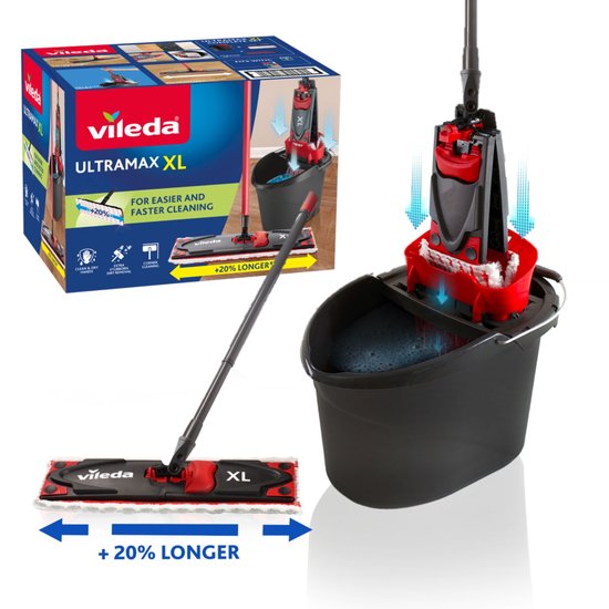 Vileda Ultramax XL complete set met mop en emmer - Mopset met emmer - 20% langere kop - Voor alle harde vloeroppervlakken
