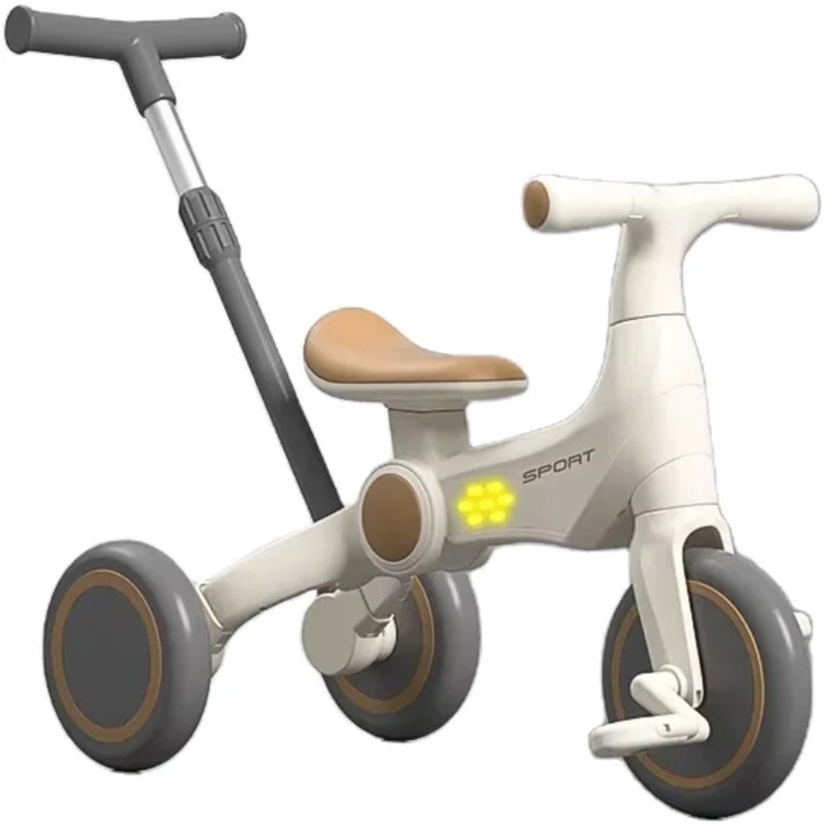 Mogi Products-Luxe 3-in-1 Kindertrike & Loopfiets - Met Muziek en Licht - Verstelbare Duwstang - Peuterfiets vanaf 1,5 tot 4 jaar - Beige/Bruin