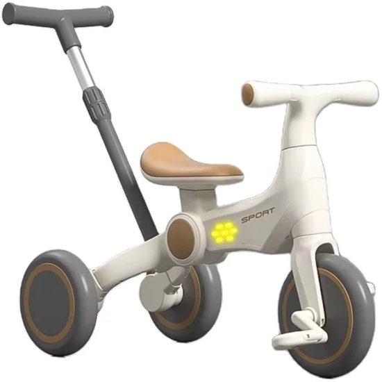 Mogi Products-Luxe 3-en-1 Kindertrike & Loopfiets - Met Muziek en Licht - Verstelbare Duwstang - Peuterfiets vanaf 1,5 tot 4 jaar - Beige/Bruin